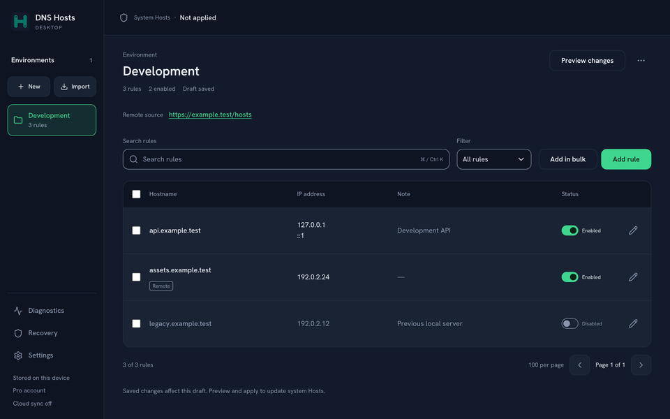 DNS Hosts desktop design preview of a Development environment and explicit Preview changes control.